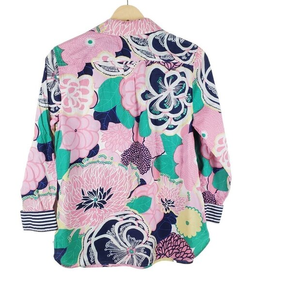Talbots Medium Petite Pink Blue Tropical floral Popover Blouse Collared long Sle - Picture 2 of 9